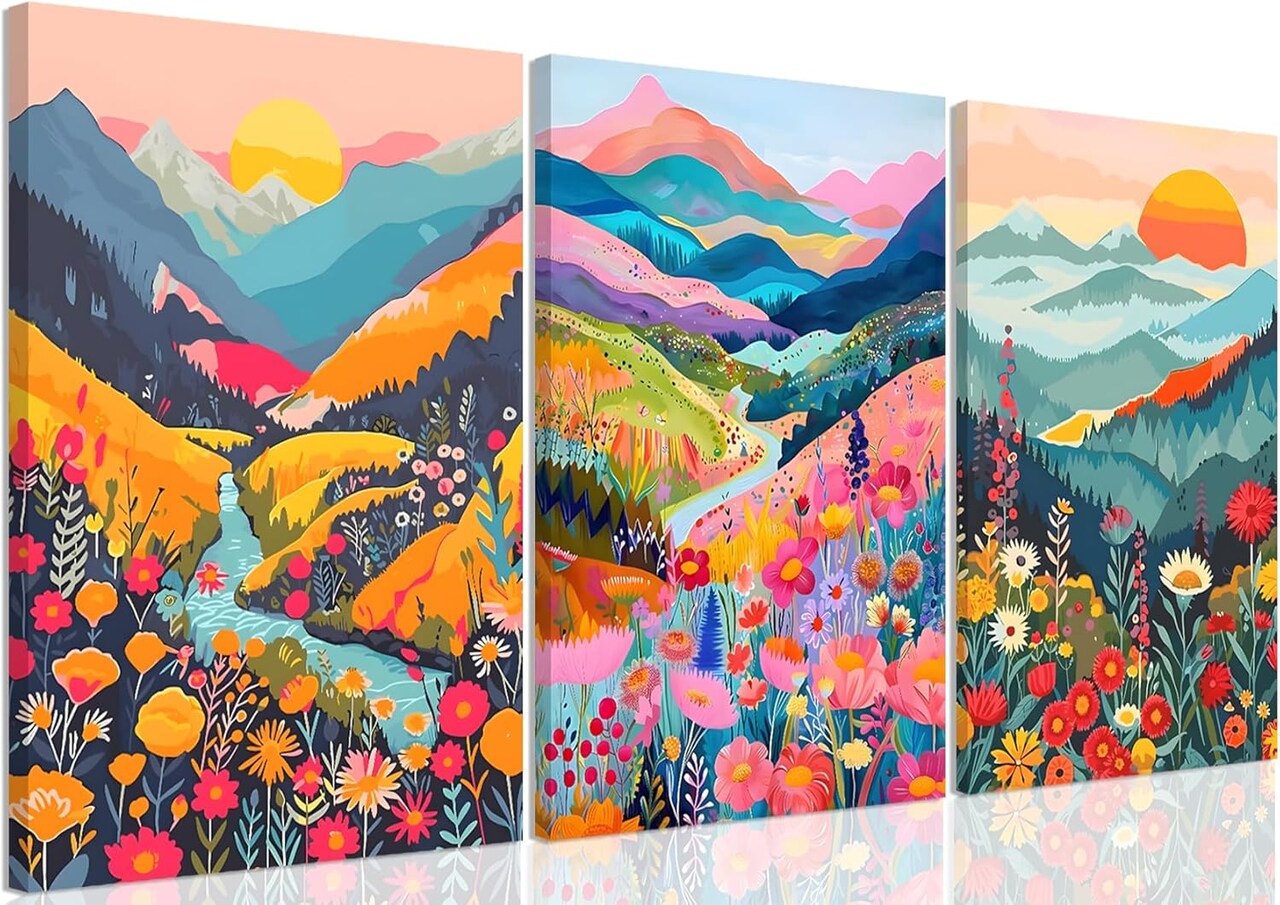 Colorful Watercolor Mountain Canvas Wall Art Set of 3 Boho Flower Picture Wall Decor Abstract Nature Landscape Artwork Paintings Posters Print for Living Room Bedroom Office 16x12In Framed